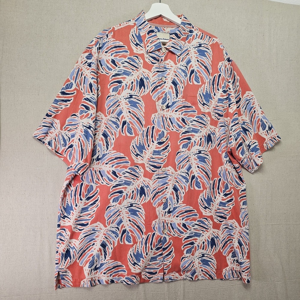 Tommy Bahama Men's XL‎ Tall 100% Silk Hawaiian Shirt Pink Blue Tropical Camp XLT